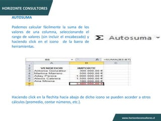 AUTOSUMA

Podemos calcular fácilmente la suma de los
valores de una columna, seleccionando el
rango de valores (sin incluir el encabezado) y
haciendo click en el icono de la barra de
herramientas.




Haciendo click en la flechita hacia abajo de dicho icono se pueden acceder a otros
cálculos (promedio, contar números, etc.).
 
