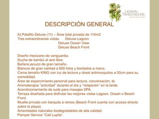 DESCRIPCIÓN GENERAL
A) Palafito Deluxe (11) – Área total privada de 110m2
Tres extraordinarias vistas:   Deluxe Lagoon
                           Deluxe Ocean View
                           Deluxe Beach Front

Diseño mexicano de vanguardia.
Ducha de bambú al aire libre.
Bañera jacuzzi de gran tamaño.
Blancos de gran calidad a 600 hilos y bordados a mano.
Cama tamaño KING con luz de lectura y dosel antimosquitos a 50cm para su
comodidad.
Área de esparcimiento personal para lectura, conversación, té.
Aromaterapia “actividad” durante el día y “relajación” en la tarde.
Acondicionamiento de suite para masajes SPA.
Terraza diseñada para disfrutar las mejores vistas Lagoon, Ocean o Beach
Front.
Muelle privado con barquita a remos (Beach Front cuenta con acceso directo
sobre la playa).
Amenidades naturales biodegradables de alta calidad.
Pamper Service “Call Lupita”.
 
