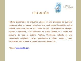 UBICACIÓN

Hotelito Desconocido se encuentra ubicado en una propiedad de cuarenta
hectáreas sobre un parque natural con una biodiversidad inigualable a nivel
mundial, reserva de más de 150 clases de aves, tres especies de tortugas,
reptiles y mamíferos, a 95 kilómetros de Puerto Vallarta, en a costa más
exclusiva de todo el Océano Pacífico, Costalegre, rodeado de una
exhuberante vegetación, playas paradisíacas e idílicas bahías y calas
formidables para el baño, el snorkel y el buceo profesional.


Página: www.hotelito.com
 