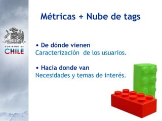 Métricas + Nube de tags De dónde vienen Caracterización  de los usuarios. Hacia donde van Necesidades y temas de interés. 
