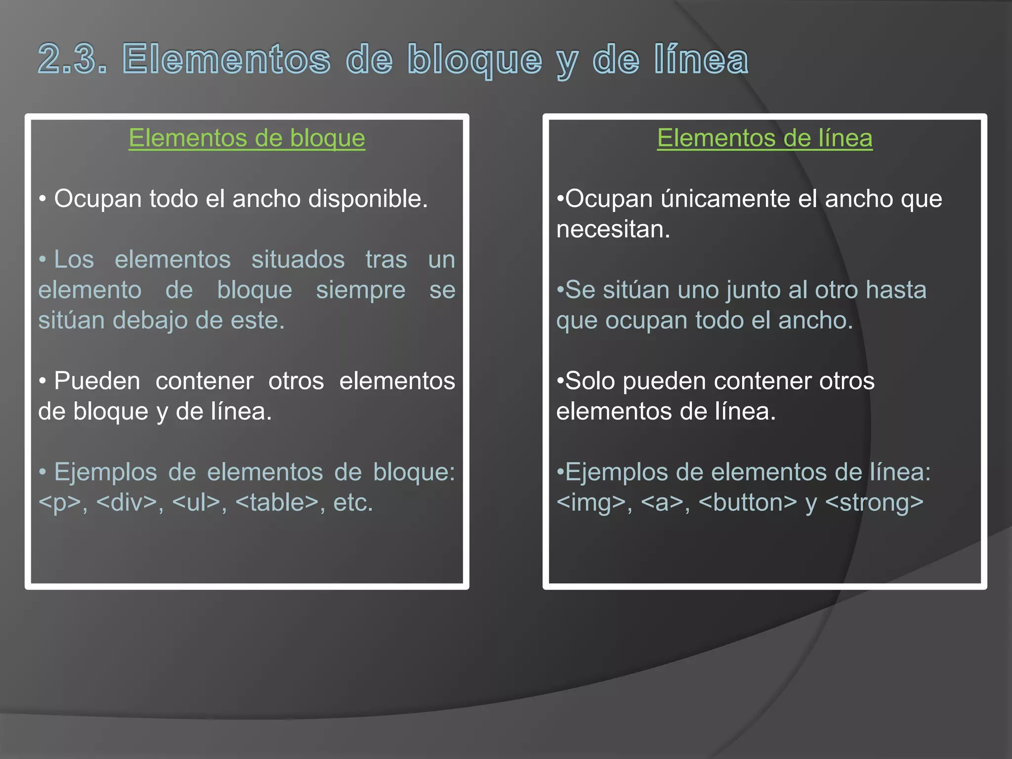 Elementos de bloque
• Ocupan todo el ancho disponible.
• Los elementos situados tras un
elemento de bloque siempre se
sitúan debajo de este.
• Pueden contener otros elementos
de bloque y de línea.
• Ejemplos de elementos de bloque:
<p>, <div>, <ul>, <table>, etc.
Elementos de línea
•Ocupan únicamente el ancho que
necesitan.
•Se sitúan uno junto al otro hasta
que ocupan todo el ancho.
•Solo pueden contener otros
elementos de línea.
•Ejemplos de elementos de línea:
<img>, <a>, <button> y <strong>
 