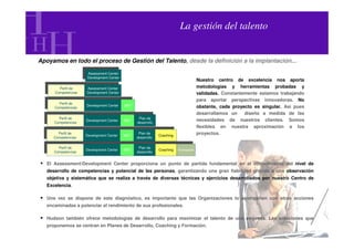 La gestión del talento


Apoyamos en todo el proceso de Gestión del Talento, desde la definición a la implantación...
                     Assessment Center
                      Assessment Center
                     Development Center
                      Development Center
                                                                                   Nuestro centro de excelencia nos aporta
       Perfil de
        Perfil de
                     Assessment Center
                      Assessment Center                                            metodologías y herramientas probadas y
     Competencias    Development Center
      Competencias    Development Center                                           validadas. Constantemente estamos trabajando
       Perfil de                                                                   para aportar perspectivas innovadoras. No
        Perfil de    Development Center  360°
     Competencias     Development Center  360°
      Competencias                                                                 obstante, cada proyecto es singular. Así pues
       Perfil de                                Plan de
                                                                                   desarrollamos un    diseño a medida de las
        Perfil de    Development Center  360°    Plan de
     Competencias
      Competencias
                      Development Center  360° desarrollo
                                                desarrollo
                                                                                   necesidades de nuestros clientes. Somos
                                                                                   flexibles en nuestra aproximación a los
       Perfil de                                Plan de
        Perfil de
     Competencias
                     Development Center
                      Development Center
                                         360°    Plan de
                                          360° desarrollo
                                                             Coaching
                                                              Coaching
                                                                                   proyectos.
      Competencias                              desarrollo

       Perfil de                                Plan de
        Perfil de    Development Center  360°    Plan de     Coaching Formación
     Competencias     Development Center  360° desarrollo     Coaching Formación
      Competencias                              desarrollo


   El Assessment/Development Center proporciona un punto de partida fundamental en el conocimiento del nivel de
   desarrollo de competencias y potencial de las personas, garantizando una gran fiabilidad gracias a una observación
   objetiva y sistemática que se realiza a través de diversas técnicas y ejercicios desarrollados por nuestro Centro de
   Excelencia.

   Una vez se dispone de este diagnóstico, es importante que las Organizaciones lo acompañen con otras acciones
   encaminadas a potenciar el rendimiento de sus profesionales.

   Hudson también ofrece metodologías de desarrollo para maximizar el talento de una empresa. Las soluciones que
   proponemos se centran en Planes de Desarrollo, Coaching y Formación.
 