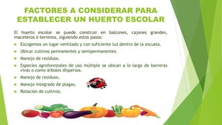 FACTORES A CONSIDERAR PARA
ESTABLECER UN HUERTO ESCOLAR
El huerto escolar se puede construir en balcones, cajones grandes,
maceteros o terrenos, siguiendo estos pasos:
 Escogemos un lugar ventilado y con suficiente luz dentro de la escuela.
 Ubicar cultivos permanentes y semipermanentes.
 Manejo de residuos.
 Especies agroforestales de uso múltiple se ubican a lo largo de barreras
vivas o como árboles dispersos.
 Manejo de residuos.
 Manejo integrado de plagas.
 Rotación de cultivos.
 