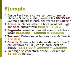 Ejemplo Desde Perú vas a conversar con tu amiga ubicada Suecia, el día jueves a las  06:35 AM , ¿Cómo deduces la hora del evento en Suecia?  Primero:  Debes saber la hora local del  lugar donde te encuentres:  Perú = - 5 UTC Segundo:  suma la hora del evento y la hora local:  06:35:00 + 5:00:00 = 11:35:00  Tercero:  Debes saber la hora local de Suecia:  + 2   UTC Cuarto:  Suma la hora deducida de la zona 0 en Greenwich (UTC) con la hora local de Suecia:  11:35:00 + 2:00:00 = 13:35:00   Tu amiga se conectará desde Suecia a las  13:35:00  horas. 