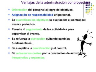 Ventajas de la administración por proyectos Orientación  del personal al logro de objetivos. Asignación de responsabilidad  unipersonal. Se  cuantifican los objetivos  lo que facilita el control del avance periódico. Permite el  seguimiento   de las actividades para supervisar el avance. Se refuerza la  planeación  evitando cambios fundamentales. Se simplifica la  coordinación  y el control. Se  reducen los costos  por la prevención de actividades  inesperadas y urgencias. 