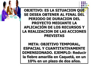 OBJETIVO: ES LA SITUACION QUE SE DESEA OBTENER AL FINAL DEL PERIODO DE DURACION DEL PROYECTO MEDIANTE LA APLICACIÓN DE LOS RECURSOS Y LA REALIZACION DE LAS ACCIONES PREVISTAS META: OBJETIVO TEMPORAL, ESPACIAL Y CUANTITATIVAMENTE DIMENSIONADO. EJEMPLO: Reducir la fiebre amarilla en Caquetá, en un 10% en un plazo de dos años. 