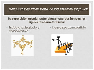 MODELO DE GESTIÓN PARA LA SUPERVISIÓN ESCOLAR.
La supervisión escolar debe ofrecer una gestión con las
siguientes características:
• Trabajo colegiado y
colaborativo.
• Liderazgo compartido
 