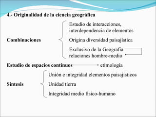 4.- Originalidad de la ciencia geográfica Estudio de interacciones,  interdependencia de elementos Combinaciones Origina diversidad paisajística Exclusivo de la Geografía  relaciones hombre-medio Estudio de espacios continuos etimología   Unión e integridad elementos paisajísticos Síntesis   Unidad tierra   Integridad medio físico-humano 