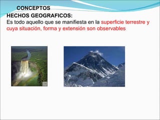 CONCEPTOS HECHOS GEOGRAFICOS: Es todo aquello que se manifiesta en la  superficie terrestre y cuya situación, forma y extensión son observables 