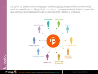 1
            Así como las personas son complejas y caleidoscópicas, si queremos intervenir en los
            servicios que utilizan, la obligación es una mirada convergente desde distintas especiales
            que abarquen la complejidad desde un acercamiento holístico y empático




                        Objetivos!   Ventas.!                                       POSICIONAMIENTO DE
                                       Frecuencia de compra.
                       MARCA!
                                                                                    !
                                     Profundidad de uso.!
                                                                                    Imagen de marca.!
                                       Ticket promedio.
                                                                                      Innovación.
                                     !
                                                                                      Conﬁabilidad.
                                     Optimización costos
                                                                                      Cercanía.
                                     (TBD).!
El equipo




                                                                              Experiencia de Clientes
 