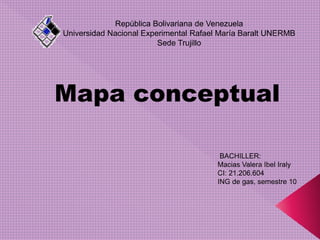 República Bolivariana de Venezuela
Universidad Nacional Experimental Rafael María Baralt UNERMB
Sede Trujillo
Mapa conceptual
BACHILLER:
Macias Valera Ibel Iraly
CI: 21.206.604
ING de gas, semestre 10
 