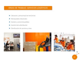 Ubicación y almacenaje de mercancías
Manipulados industriales
Gestión y control de pedidos
Gestión de la distribución
Planificación de servicios y rutas
13//
 