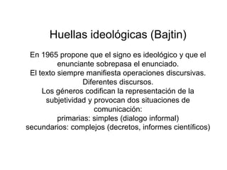 Huellas ideológicas (Bajtin)
En 1965 propone que el signo es ideológico y que el
enunciante sobrepasa el enunciado.
El texto siempre manifiesta operaciones discursivas.
Diferentes discursos.
Los géneros codifican la representación de la
subjetividad y provocan dos situaciones de
comunicación:
primarias: simples (dialogo informal)
secundarios: complejos (decretos, informes científicos)
 