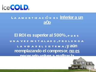 La amortización es  inferior a un año El ROI es superior al 500% , pues una vez instalado, prolonga la vida del sistema;  y aún reemplazando el compresor,  no es necesario volver a realizar la instalación . 