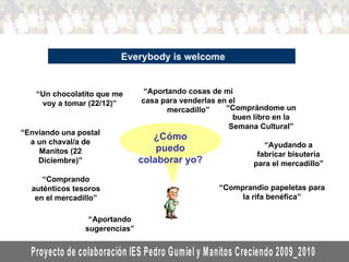 Everybody is welcome “ Un chocolatito que me voy a tomar (22/12)” “ Comprandio papeletas para la rifa benéfica” “ Comprando auténticos tesoros en el mercadillo” “ Comprándome un buen libro en la Semana Cultural” “ Ayudando a fabricar bisutería para el mercadillo” “ Aportando cosas de mi casa para venderlas en el mercadillo” ¿Cómo puedo colaborar yo? “ Enviando una postal a un chaval/a de Manitos (22 Diciembre)” “ Aportando sugerencias”