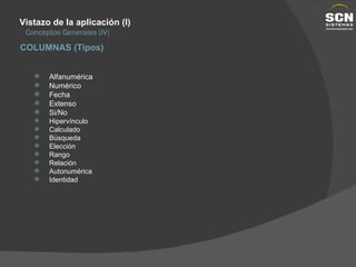 Vistazo de la aplicación (I) Conceptos Generales (IV) COLUMNAS (Tipos) Alfanumérica Numérico Fecha Extenso Si/No Hipervínculo Calculado Búsqueda Elección Rango Relación Autonumérica Identidad 