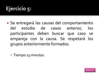  Se entregará las causas del comportamiento
del estudio de casos anterior, los
participantes deben buscar que caso se
empareja con la causa. Se respetará los
grupos anteriormente formados.
 Tiempo 15 minutos.
Nota 10
 