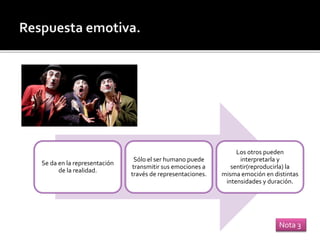 Se da en la representación
de la realidad.
Sólo el ser humano puede
transmitir sus emociones a
través de representaciones.
Los otros pueden
interpretarla y
sentir(reproducirla) la
misma emoción en distintas
intensidades y duración.
Nota 3
 