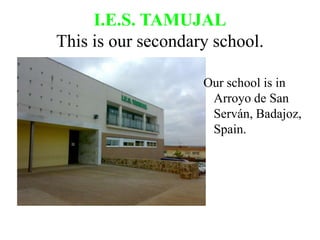 I.E.S. TAMUJAL
This is our secondary school.

                    Our school is in
                     Arroyo de San
                     Serván, Badajoz,
                     Spain.
 