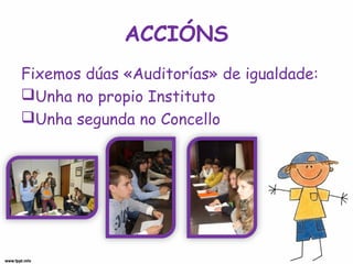 ACCIÓNS
Fixemos dúas «Auditorías» de igualdade:
Unha no propio Instituto
Unha segunda no Concello
 