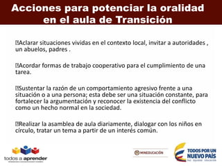 Acciones para potenciar la oralidad
en el aula de Transición
Aclarar situaciones vividas en el contexto local, invitar a autoridades ,
un abuelos, padres .
Acordar formas de trabajo cooperativo para el cumplimiento de una
tarea.
Sustentar la razón de un comportamiento agresivo frente a una
situación o a una persona; esta debe ser una situación constante, para
fortalecer la argumentación y reconocer la existencia del conflicto
como un hecho normal en la sociedad.
Realizar la asamblea de aula diariamente, dialogar con los niños en
círculo, tratar un tema a partir de un interés común.
 