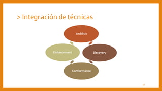 17
Análisis
Discovery
Conformance
Enhancement
> Integración de técnicas
 