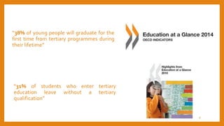 “38% of young people will graduate for the
first time from tertiary programmes during
their lifetime”
“31% of students who enter tertiary
education leave without a tertiary
qualification”
4
 