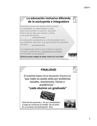 22/6/11




        La educación inclusiva diferente
         de la excluyente e integradora
Inclusión asume que todos somos únicos
e irrepetibles en capacidades y valía.
Que todos pueden si quieren, aprender.
Todos tienen algo que aportar y todos
 son parte del grupo.

La educación excluyente ve a la diversidad como
un problema, más que una oportunidad de aprender
de otro.

La integración invita a que el alumno ingrese
al aula y pretende que estudiantes excluidos
se inserten en los grupos.
Excluir es sacar, integrar es meter, incluir es ir con todos…




                           FINALIDAD

    El propósito básico de la educación inclusiva es
    “que nadie se quede atrás por problemas
         sociales, económicos, físicos o
                  académicos” :
          “cada alumno un graduado”



 Parte de las personas y de sus necesidades,
 y luego se construye el modelo. No al revés.
 Es un proceso de participación libre.




                                                                     3
 