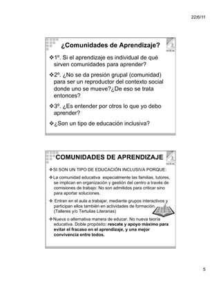 22/6/11




      ¿Comunidades de Aprendizaje?
 1º. Si el aprendizaje es individual de qué
 sirven comunidades para aprender?
 2º. ¿No se da presión grupal (comunidad)
 para ser un reproductor del contexto social
 donde uno se mueve?¿De eso se trata
 entonces?
 3º. ¿Es entender por otros lo que yo debo
 aprender?
 ¿Son un tipo de educación inclusiva?




   COMUNIDADES DE APRENDIZAJE
  SI SON UN TIPO DE EDUCACIÓN INCLUSIVA PORQUE:
  La comunidad educativa especialmente las familias, tutores,
   se implican en organización y gestión del centro a través de
   comisiones de trabajo: No son admitidos para criticar sino
   para aportar soluciones.
  Entran en el aula a trabajar, mediante grupos interactivos y
   participan ellos también en actividades de formación.
   (Talleres y/o Tertulias Literarias)
  Nueva o alternativa manera de educar. No nueva teoría
   educativa. Doble propósito: rescate y apoyo máximo para
   evitar el fracaso en el aprendizaje, y una mejor
   convivencia entre todos.




                                                                       5
 