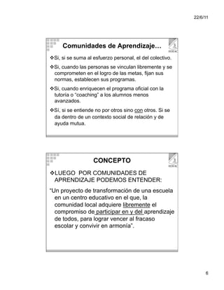 22/6/11




     Comunidades de Aprendizaje…
 Si, si se suma al esfuerzo personal, el del colectivo.
 Si, cuando las personas se vinculan libremente y se
  comprometen en el logro de las metas, fijan sus
  normas, establecen sus programas.
 Si, cuando enriquecen el programa oficial con la
  tutoría o “coaching” a los alumnos menos
  avanzados.
 Sí, si se entiende no por otros sino con otros. Si se
  da dentro de un contexto social de relación y de
  ayuda mutua.




                    CONCEPTO
 LUEGO POR COMUNIDADES DE
 APRENDIZAJE PODEMOS ENTENDER:
“Un proyecto de transformación de una escuela
  en un centro educativo en el que, la
  comunidad local adquiere libremente el
  compromiso de participar en y del aprendizaje
  de todos, para lograr vencer al fracaso
  escolar y convivir en armonía”.




                                                                6
 