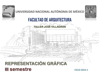 UNIVERSIDAD NACIONAL AUTÓNOMA DE MÉXICO

          FACULTAD DE ARQUITECTURA
             TALLER JOSÉ VILLAGRÁN




REPRESENTACIÓN GRÁFICA
III semestre                         CICLO 2013-1
 