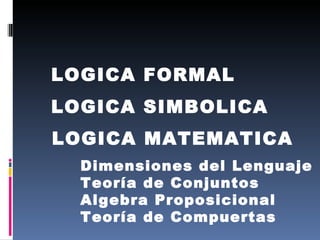 LOGICA FORMAL LOGICA SIMBOLICA LOGICA MATEMATICA Dimensiones del Lenguaje Teoría de Conjuntos Algebra Proposicional Teoría de Compuertas 