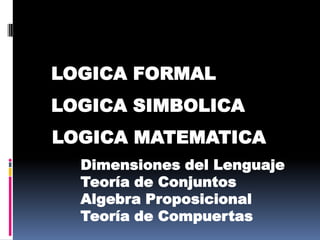 LOGICA FORMAL
LOGICA SIMBOLICA
LOGICA MATEMATICA
  Dimensiones del Lenguaje
  Teoría de Conjuntos
  Algebra Proposicional
  Teoría de Compuertas
 
