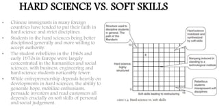 HARD SCIENCE VS. SOFT SKILLS
• Chinese immigrants in many foreign
countries have tended to put their faith in
hard science and strict disciplines.
• Students in the hard sciences being better
disciplined generally and more willing to
accept authority.
• The student rebellions in the 1960s and
early 1970s in Europe were largely
concentrated in the humanities and social
sciences, with business, engineering and
hard science students noticeably fewer.
• While entrepreneurship depends heavily on
developments in hard sciences, the ability to
generate hope, mobilize enthusiasm,
persuade investors and read customers all
depends crucially on soft skills of personal
and social judgement.
 