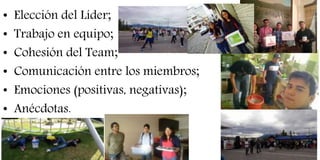 • Elección del Líder;
• Trabajo en equipo;
• Cohesión del Team;
• Comunicación entre los miembros;
• Emociones (positivas, negativas);
• Anécdotas.
 