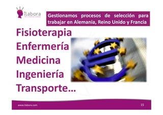 Fisioterapia
Enfermería
Medicina
Gestionamos procesos de selección para
trabajar en Alemania, Reino Unido y Francia
www.ilabora.com 15
Medicina
Ingeniería
Transporte…
 