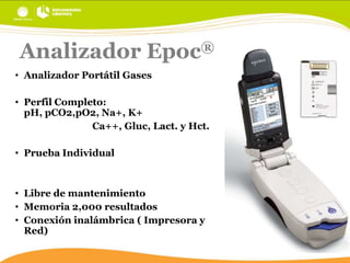 Analizador Epoc®
• Analizador Portátil Gases
• Perfil Completo:
pH, pCO2,pO2, Na+, K+
Ca++, Gluc, Lact. y Hct.
• Prueba Individual

• Libre de mantenimiento
• Memoria 2,000 resultados
• Conexión inalámbrica ( Impresora y
Red)

 
