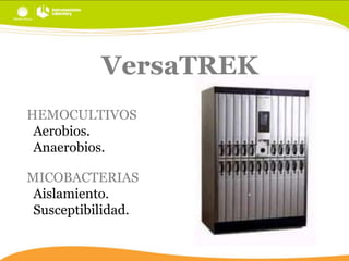 VersaTREK
HEMOCULTIVOS
Aerobios.
Anaerobios.
MICOBACTERIAS
Aislamiento.
Susceptibilidad.

 