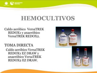 HEMOCULTIVOS
Caldo aeróbico VersaTREK
REDOX1 y anaeróbico
VersaTREK REDOX2.

TOMA DIRECTA
Caldo aeróbico VersaTREK
REDOX1 EZ DRAW y
anaeróbico VersaTREK
REDOX2 EZ DRAW.

 