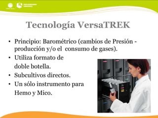 Tecnología VersaTREK
• Principio: Barométrico (cambios de Presión producción y/o el consumo de gases).
• Utiliza formato de
doble botella.
• Subcultivos directos.
• Un sólo instrumento para
Hemo y Mico.

 