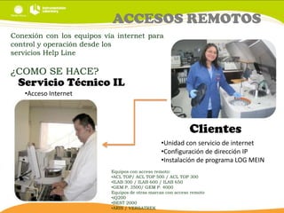 ACCESOS REMOTOS
Conexión con los equipos vía internet para
control y operación desde los
servicios Help Line

¿COMO SE HACE?

Servicio Técnico IL
•Acceso Internet

Clientes
•Unidad con servicio de internet
•Configuración de dirección IP
•Instalación de programa LOG MEIN
Equipos con acceso remoto:
•ACL TOP/ ACL TOP 500 / ACL TOP 300
•ILAB 300 / ILAB 600 / ILAB 650
•GEM P. 3500/ GEM P. 4000
Equipos de otras marcas con acceso remoto
•iQ200
•BEST 2000
•ARIS / VERSATREK

 