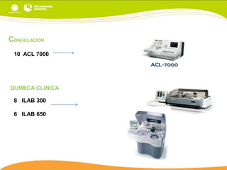 COAGULACION
10 ACL 7000

QUIMICA CLINICA
8 ILAB 300
6 ILAB 650

 
