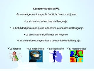 Características la IVL
• La sintaxis o estructura del lenguaje.
• La habilidad para manipular la fonética o sonidos del lenguaje.
Esta inteligencia incluye la habilidad para manipular:
• La semántica o significados del lenguaje
• Las dimensiones pragmáticas o usos prácticos del lenguaje:
La retórica La mnenómica La explicación El metalenguaje
 