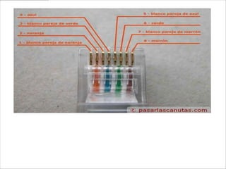 Foto del conector RJ45 del cable cruzado del lado normal.
Repaso de la numeración y conexión de cada cable.
 