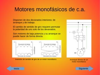 Motores monofásicos de c.a.
Inicio Siguiente
Disponen de dos devanados interiores: de
arranque y de trabajo.
El cambio de sentido de giro requiere permutar
la polaridad de uno solo de los devanados.
Son motores de baja potencia y su arranque se
puede hacer de forma directa.
Inversión de sentido de giro de un motor monofásico. Arranque directo de un
motor monofásico
 