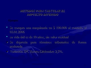 IMPUESTO SOBRE LAS GANANCIAS NIC 12
18
METODOS PARA CALCULAR ELMETODOS PARA CALCULAR EL
IMPUESTO DIFERIDOIMPUESTO DIFERIDO
Ejemplo:
• Se compra una maquinaria en $ 100.000 al contado elSe compra una maquinaria en $ 100.000 al contado el
03.01.200603.01.2006
• su vida útil es de 10 años, sin valor residualsu vida útil es de 10 años, sin valor residual
•• Se deprecia para términos tributarios de formaSe deprecia para términos tributarios de forma
aceleradaacelerada
•• Variación IPC Enero-Diciembre 2,5%.Variación IPC Enero-Diciembre 2,5%.
 