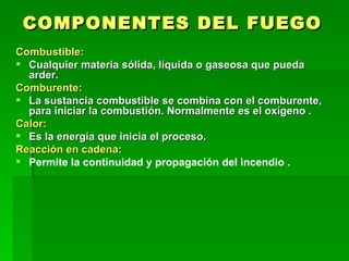 COMPONENTES DEL FUEGO ,[object Object],[object Object],[object Object],[object Object],[object Object],[object Object],[object Object],[object Object]