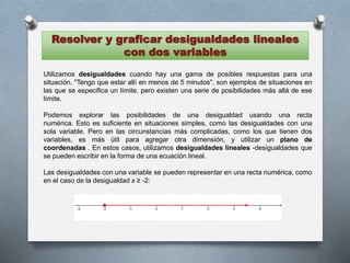 Resolver y graficar desigualdades lineales
con dos variables
Utilizamos desigualdades cuando hay una gama de posibles respuestas para una
situación. "Tengo que estar allí en menos de 5 minutos", son ejemplos de situaciones en
las que se especifica un límite, pero existen una serie de posibilidades más allá de ese
límite.
Podemos explorar las posibilidades de una desigualdad usando una recta
numérica. Esto es suficiente en situaciones simples, como las desigualdades con una
sola variable. Pero en las circunstancias más complicadas, como los que tienen dos
variables, es más útil para agregar otra dimensión, y utilizar un plano de
coordenadas . En estos casos, utilizamos desigualdades lineales -desigualdades que
se pueden escribir en la forma de una ecuación lineal.
Las desigualdades con una variable se pueden representar en una recta numérica, como
en el caso de la desigualdad x ≥ -2:
 