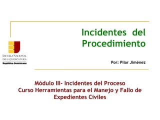 Incidentes del
Procedimiento
Por: Pilar Jiménez
Módulo III- Incidentes del Proceso
Curso Herramientas para el Manejo y Fallo de
Expedientes Civiles
 