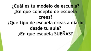 ¿Cuál es tu modelo de escuela?
¿En que concepto de escuela
crees?
¿Qué tipo de escuela creas a diario
desde tu aula?
¿En que escuela SUEÑAS?
 